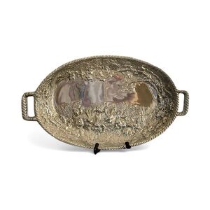Sheridan Vintage Pewter Oval Serving Tray with Handles, Raised Rabbits Design.